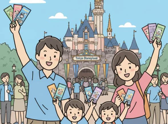 東京ディズニーリゾートの紙チケットを持つ人々のイラスト
