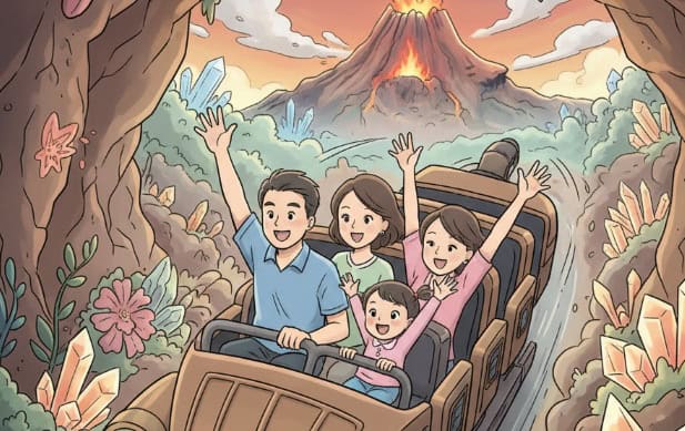 ディズニーシーのセンターオブジアースを楽しむ人々のイラスト
