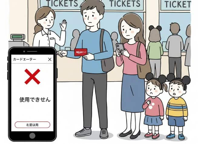 ディズニーリゾートで楽天カードが使えずに困っている人々のイラスト