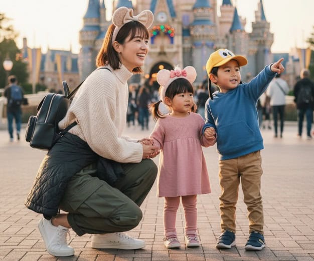  11月のディズニーランドで子供たちと一緒にしゃがみ込むママ。オフホワイトのニットにカーキのジョガーパンツ、動きやすいスニーカーを履いている。ミッキーの耳カチューシャをつけ、子供たちもそれぞれキャラクターの帽子を被り、男の子は指をさして楽しそうな様子