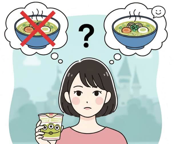 ディズニーのリトルグリーンメンのカップ麺の味が良いか悪いか悩む日本人の女性のイラスト