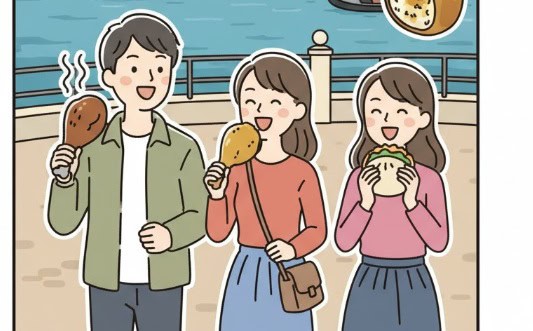ディズニーシーで様々な肉メニューを楽しんでいる日本人グループのイラスト