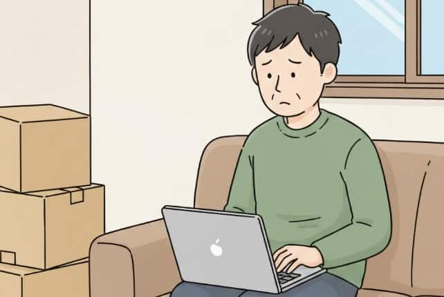 自宅で男性がパソコンを使い、ギョウザドッグの通販・お取り寄せができないか調べているイラスト。