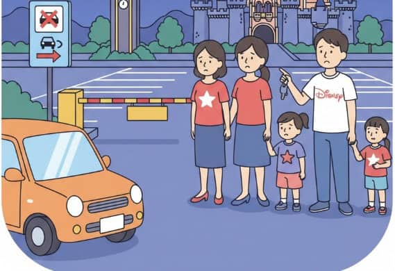 東京ディズニーリゾートの駐車場で、閉鎖時間となり困惑する日本人家族と車のイラスト
