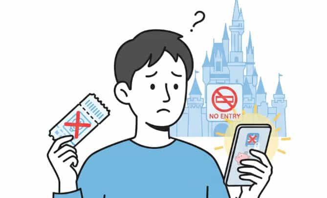 転売された株主優待パスポートの利用が禁止され、困惑する男性のイラスト