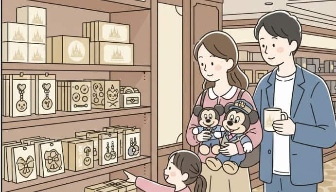 ディズニーランドホテルのショップで、ホテル限定のお土産を探して商品を見ている日本人のゲスト。ホテルオリジナルのグッズが並ぶ棚が描かれている。