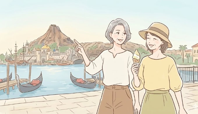 ディズニーシーのメディテレーニアンハーバーで、地図を持たずにリラックスして景色を楽しむ50代60代の女性2人のイラスト。