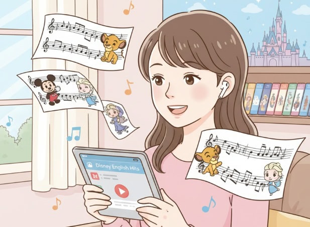 楽譜やディズニーキャラクターが飛び交い、英語学習と音楽の楽しさを表現しています。