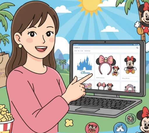 カリフォルニアディズニーの公式オンラインストアで、女性が限定グッズやカチューシャを選んでいる様子。