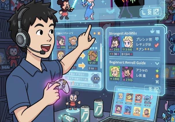 ヘッドセットを装着した男性が、ノートパソコンの画面に表示されたディズニーピクセルRPGのゲーム画面と、ホログラムで投影された最強パーティーやアビリティ、リセマラガイドを見ているイラスト