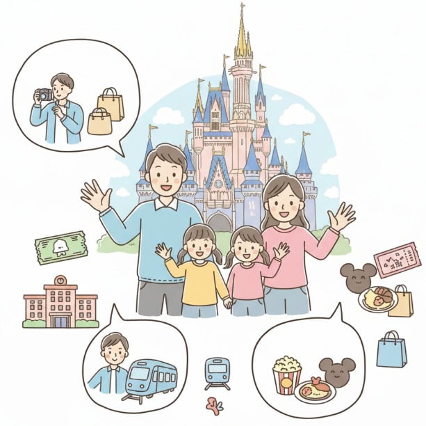 ディズニーのお城を背景に、家族4人が笑顔で手を振っているイラスト。周りには、一人旅、カップル旅行、家族旅行の泡状のアイコンがあり、それぞれ飛行機、列車、ホテル、チケット、お土産、食事などのアイテムが描かれています。