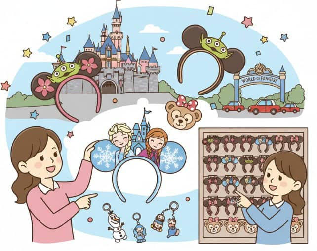 香港ディズニーランドのシンボルであるお城と、様々なキャラクターのカチューシャやキーホルダーが並べられている様子を楽しむアジア人女性のイラスト
