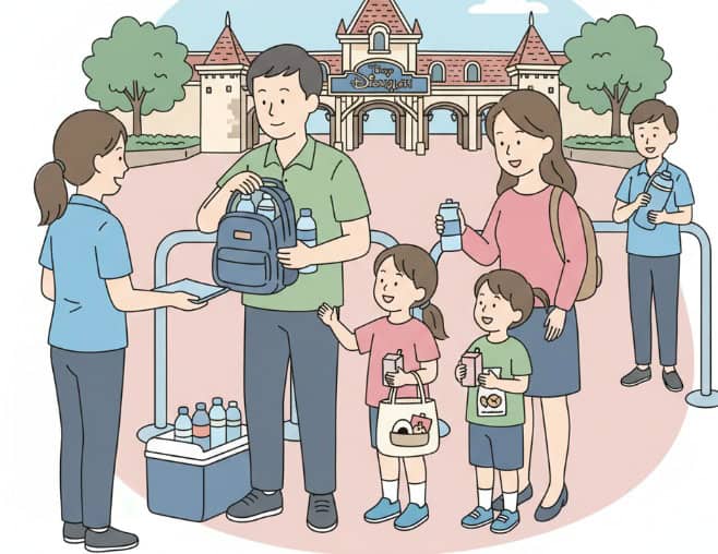 ディズニーランドのエントランスで、飲み物や食べ物の持ち込みについてキャストから説明を受けている家族連れのイラスト