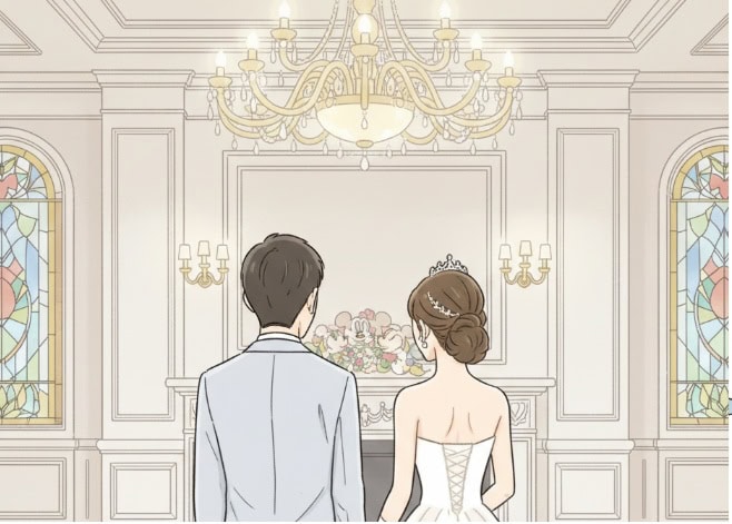 ディズニーホテルで結婚式を挙げるアジア人夫婦の後ろ姿のイラスト