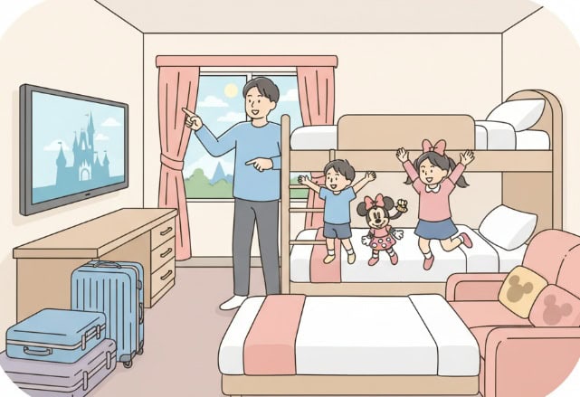 ディズニーホテルに宿泊するアジア人ファミリーのイラスト