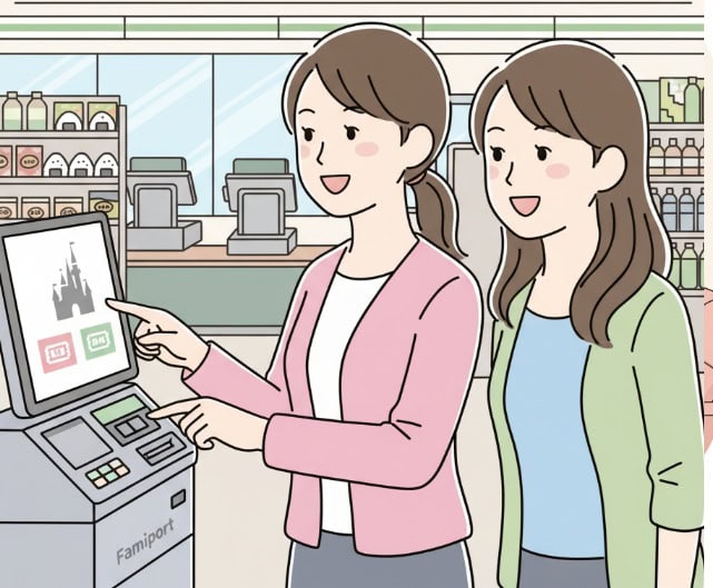 コンビニでディズニーチケットを購入しようとしている女性のイラスト