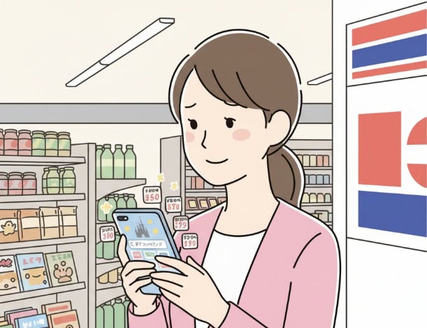 コンビニでディズニーランドの格安チケットを探している女性のイラスト