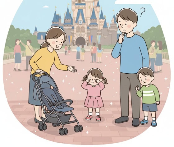ディズニーランドでベビーカーを使うか迷っている家族のイラスト