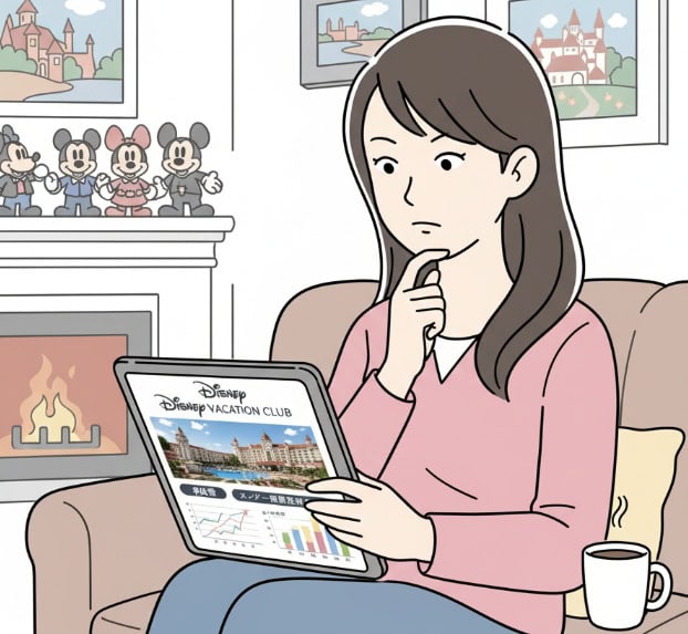 ディズニーバケーションクラブについて調べている女性のイラスト