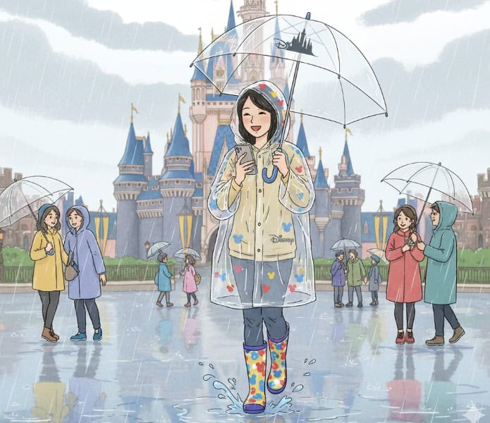 ディズニーリゾートでレインコートを着ているアジア人女性のイラスト