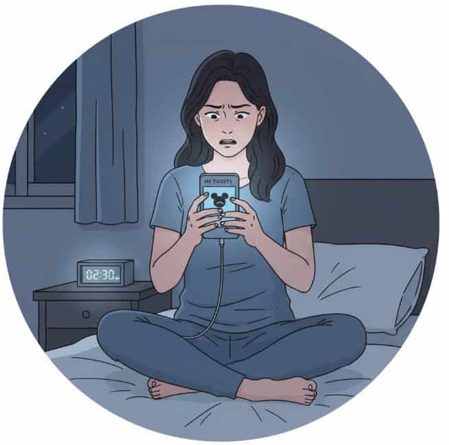 夜中にディズニーアプリでチケットが表示されず困っている女性のイラスト