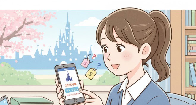 2025年春のディズニーの学割について調べているアジア人大学生のイラスト