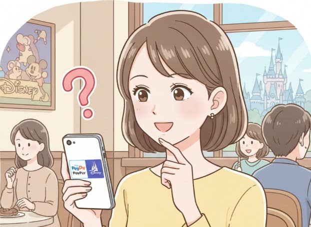 ディズニーリゾートでペイペイが使えるか調べている女性のイラスト
