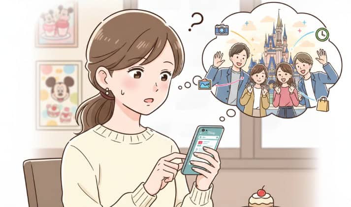ディズニーアプリのグループ作成について調べている女性のイラスト