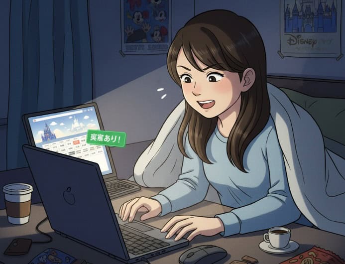 夜中にディズニーホテルのキャンセル拾いをしている女性のイラスト