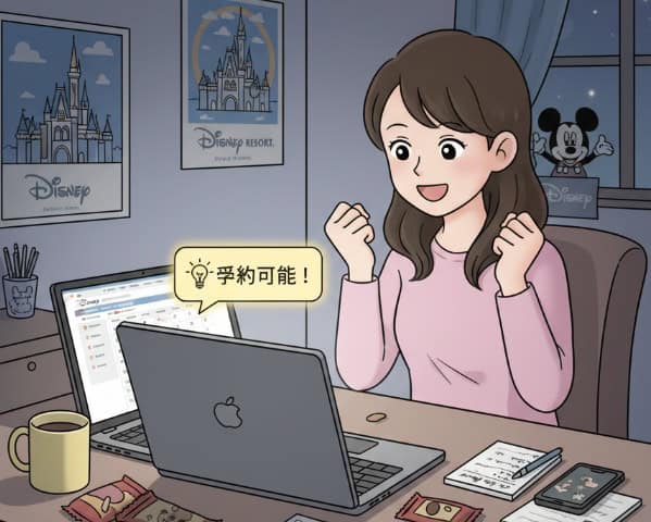 ディズニーのキャンセル拾いに成功して喜んでいる女性のイラスト