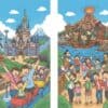ディズニーランドとディズニーシーのアトラクションを楽しむ家族のイラスト