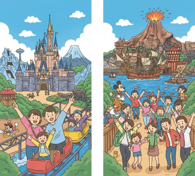 ディズニーランドとディズニーシーのアトラクションを楽しむ家族のイラスト