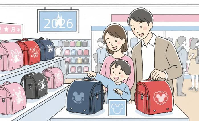 ディズニーランドセルを選んでいる家族のイラスト