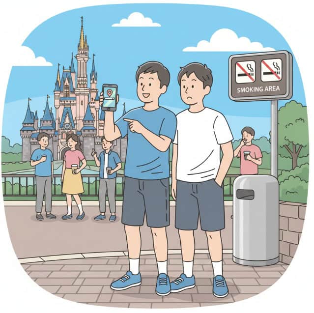 ディズニーランドの喫煙所を探している男性のイラスト