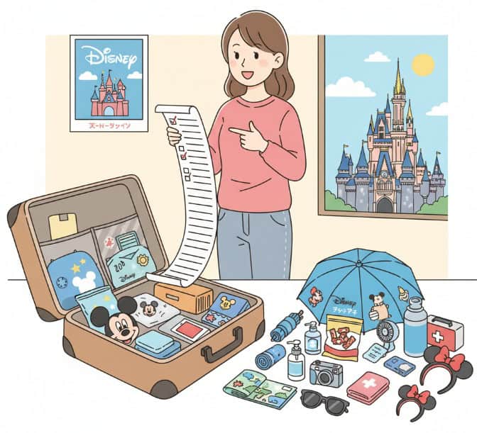 ディズニー旅行の持ち物リストを確認している女性のイラスト