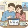 ディズニーリゾートの天気予報を比較しているカップルのイラスト