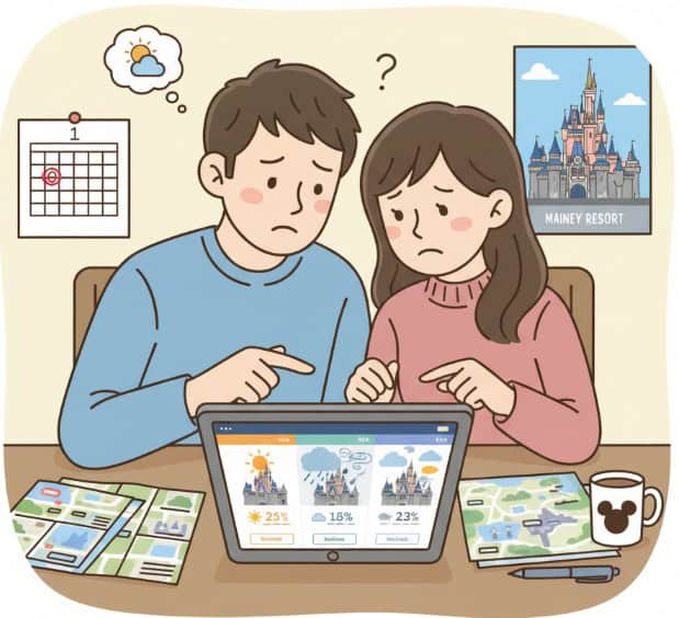ディズニーリゾートの天気予報を比較しているカップルのイラスト