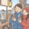 ディズニーシーでおでんを食べているカップルのイラスト