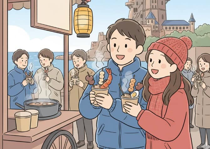 ディズニーシーでおでんを食べているカップルのイラスト