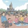 ディズニー開園待ちで折りたたみ椅子やレジャーシートを使っている人々のイラスト