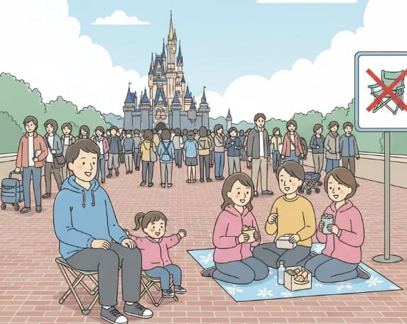 ディズニー開園待ちで折りたたみ椅子やレジャーシートを使っている人々のイラスト