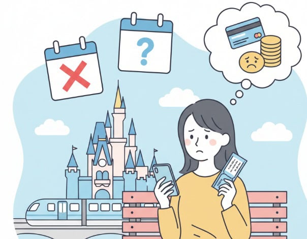 スマートフォンとディズニーチケットを手に、困り顔で座っている日本人女性。背景にはディズニーランドのシンデレラ城とモノレール、そしてカレンダーやお金のアイコンが描かれており、ディズニーチケットの日付変更や払い戻しについて悩んでいる様子が表現されている。