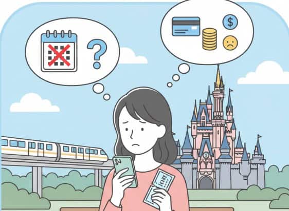 スマートフォンとディズニーチケットを手に、困り顔でベンチに座っている日本人女性。背景にはディズニーの城とモノレール、そして吹き出しの中に「X」が書かれたカレンダーと、お金のアイコンが描かれており、ディズニーチケットの日付変更や金銭面での不安を抱えている様子が表現されている。
