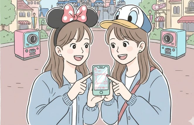 東京ディズニーリゾートでスマートフォンを見ながらプリクラの場所を探す2人の日本人女性。