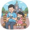 ディズニーの待ち時間にスマートフォンでゲームを楽しむ日本人親子