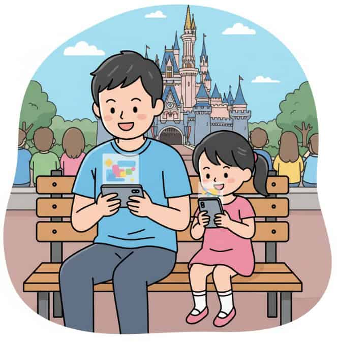 ディズニーの待ち時間にスマートフォンでゲームを楽しむ日本人親子