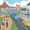 ディズニーシーから舞浜駅へ移動する人々、バス、タクシー、モノレールが描かれたイラスト