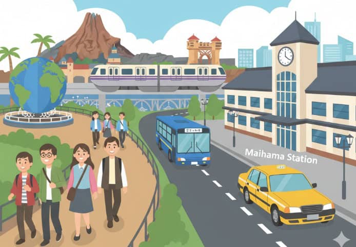 ディズニーシーから舞浜駅へ移動する人々、バス、タクシー、モノレールが描かれたイラスト