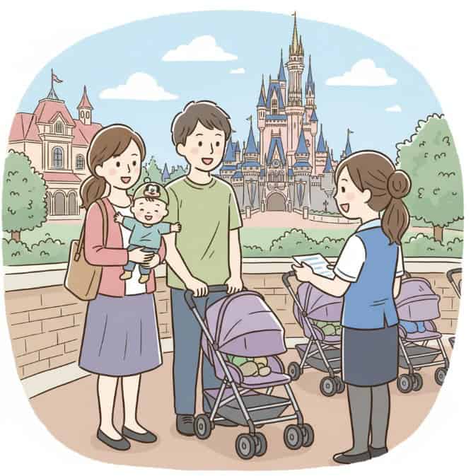 東京ディズニーリゾートでベビーカーをレンタルしている日本人家族とキャスト。