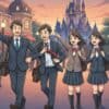 平日の夕方、仕事帰りや学校帰りにディズニーウィークナイトパスポートでディズニーランドを楽しむ日本人グループのイラスト